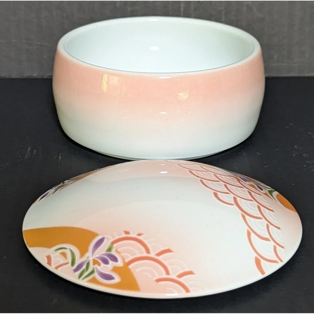 Vintage Japanese Lidded Ceramic Trinket/Jewelry Box Pink & Orange W/ Purple Iris
